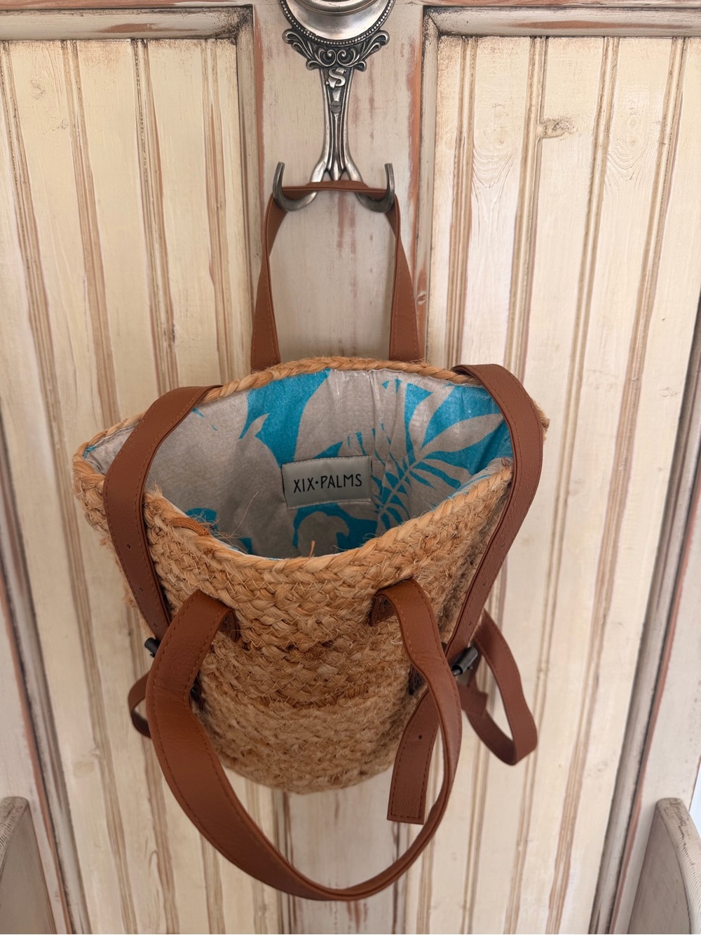 Tan Woven Straw Tote with Turquoise Liner